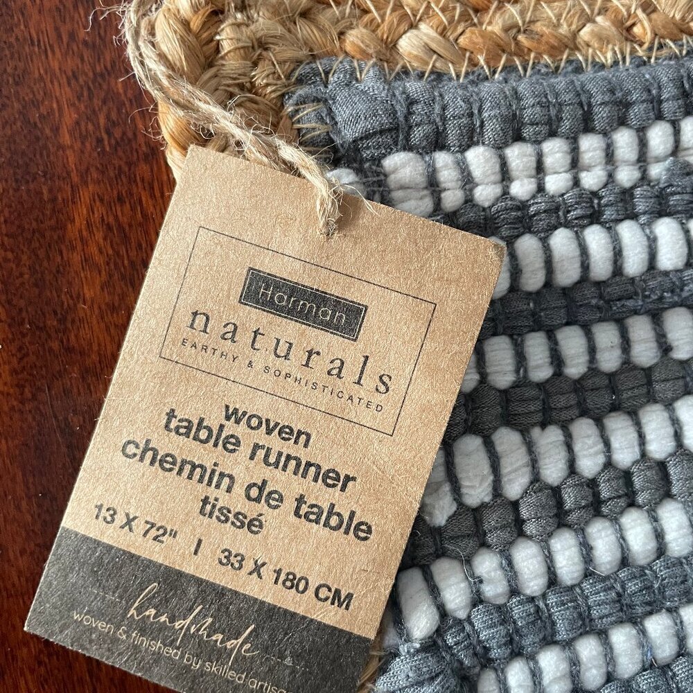 Harman Naturals - 13x72 inch - Grey & White Cotton/Jute Woven Table Runner